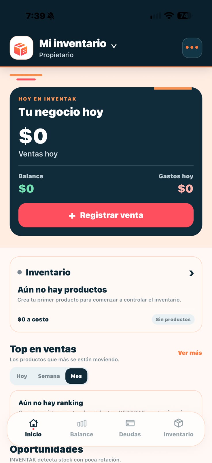 Pantalla de inicio real de INVENTAK
